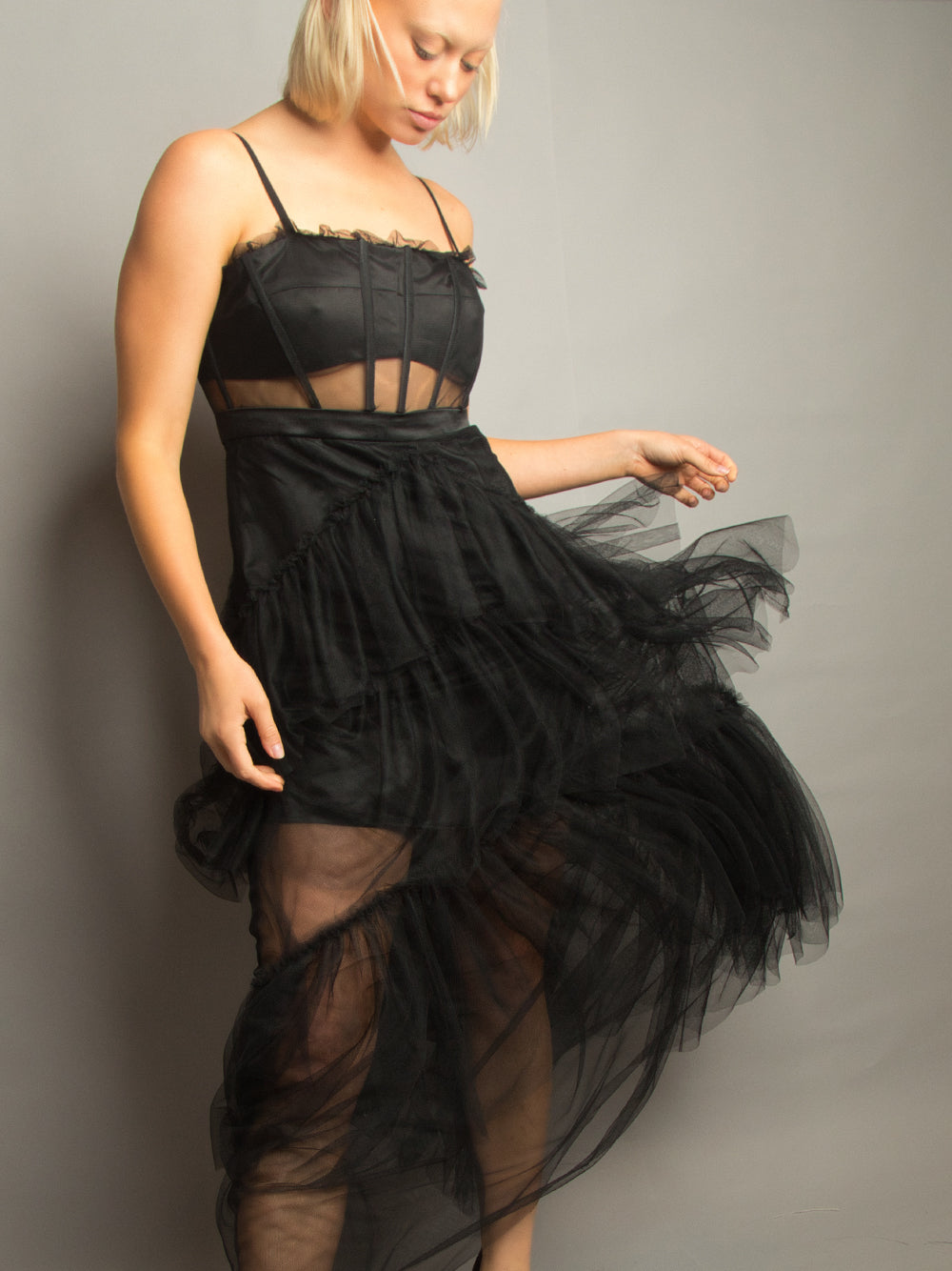 Tulle Spaghetti Strap Corset Bodice Tiered Ruffle Maxi Dress 12