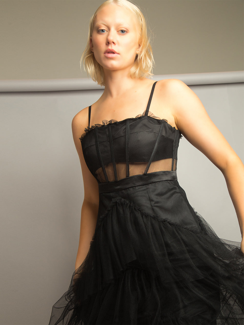 Tulle Spaghetti Strap Corset Bodice Tiered Ruffle Maxi Dress 6