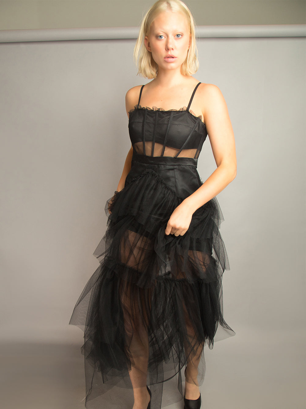 Tulle Spaghetti Strap Corset Bodice Tiered Ruffle Maxi Dress 5