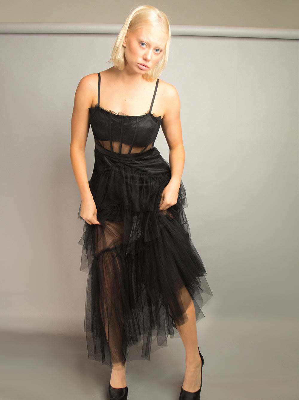 Tulle Spaghetti Strap Corset Bodice Tiered Ruffle Maxi Dress 4