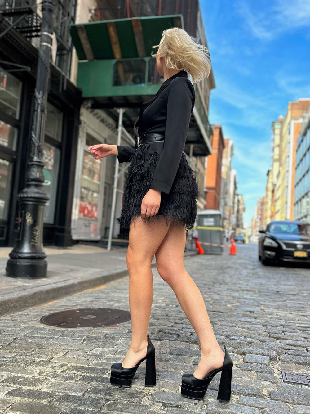 Blazer Long Sleeve Satin Lapel Rhinestone Belt Feather Beaded Mini Dress