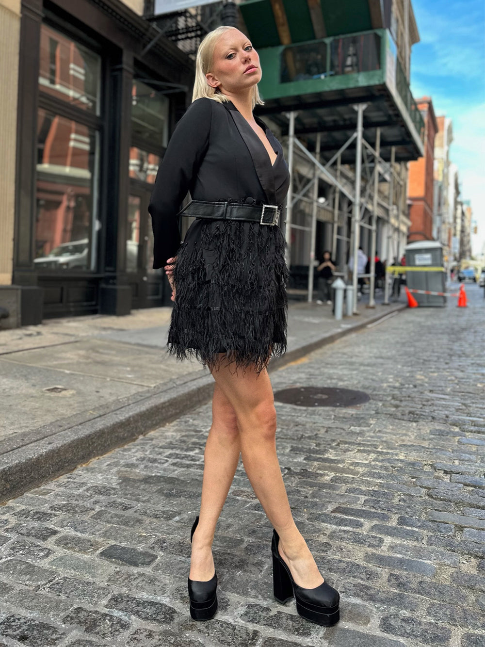 Blazer Long Sleeve Satin Lapel Rhinestone Belt Feather Beaded Mini Dress