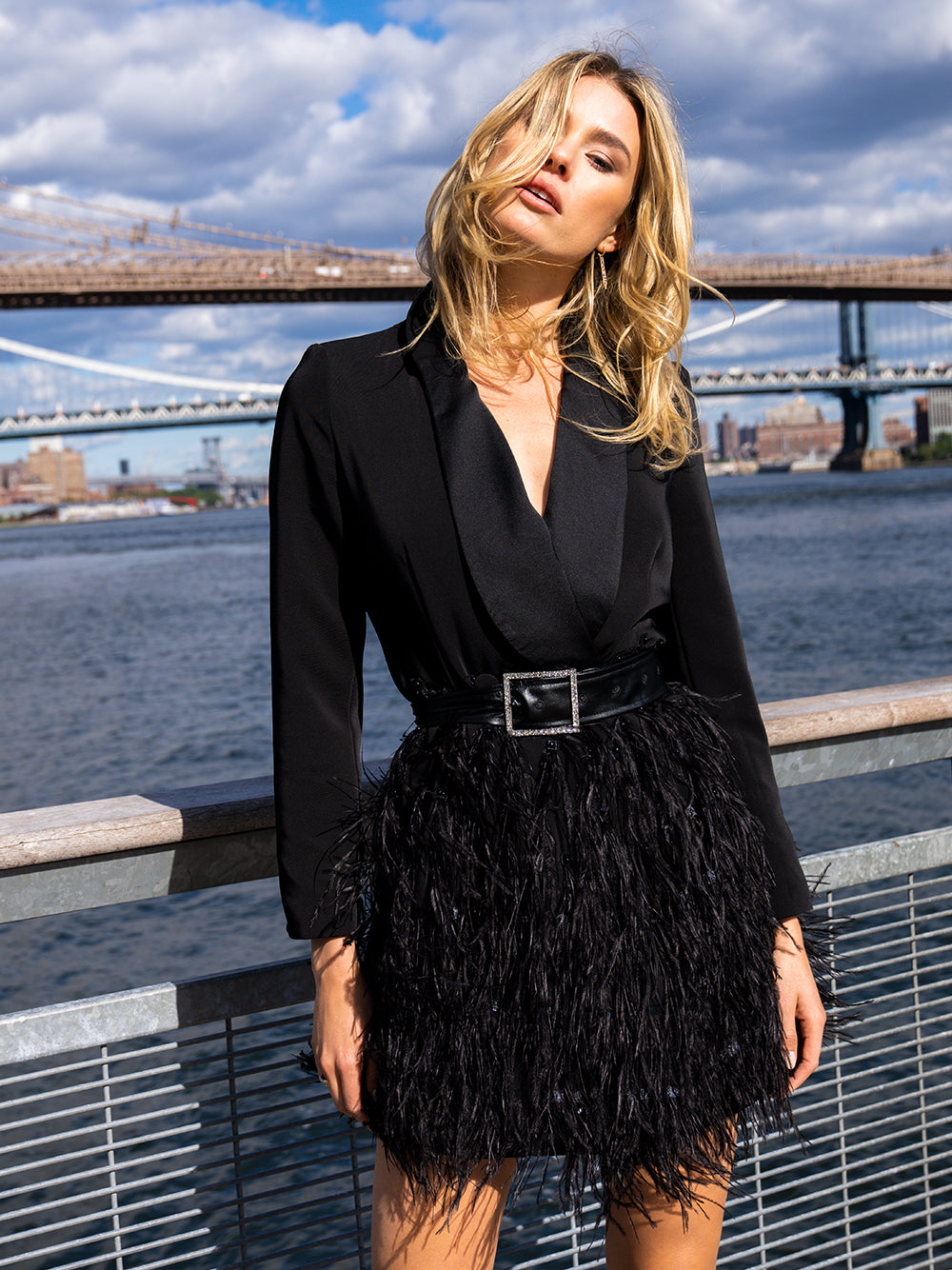 Deep V-Neck Notched Lapel Long Sleeve Rhinestone Belt Feather Fringe Mini Dress