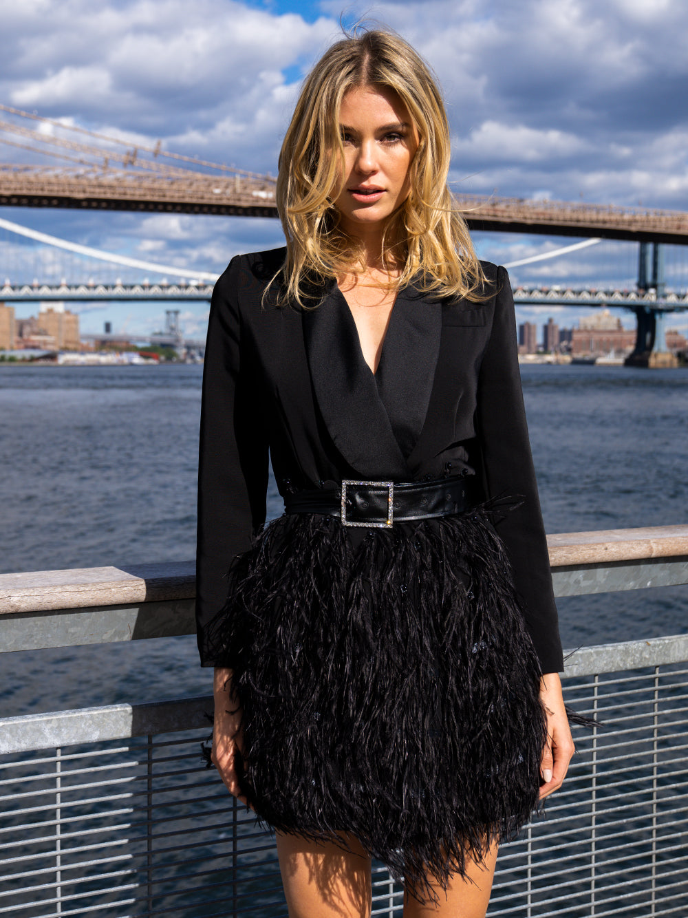 Deep V-Neck Notched Lapel Long Sleeve Rhinestone Belt Feather Fringe Mini Dress