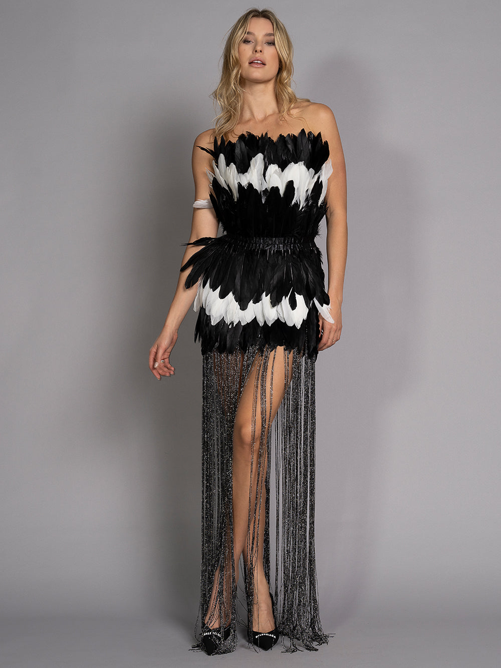 Strapless Feather Tiered Metallic Fringe Mini Dress