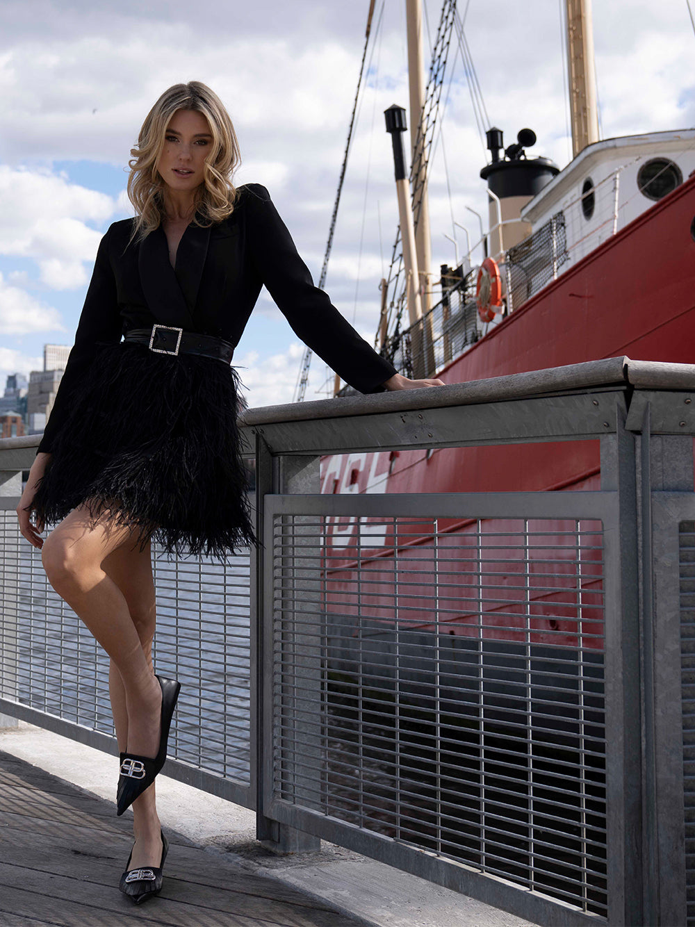 Deep V-Neck Notched Lapel Long Sleeve Rhinestone Belt Feather Fringe Mini Dress
