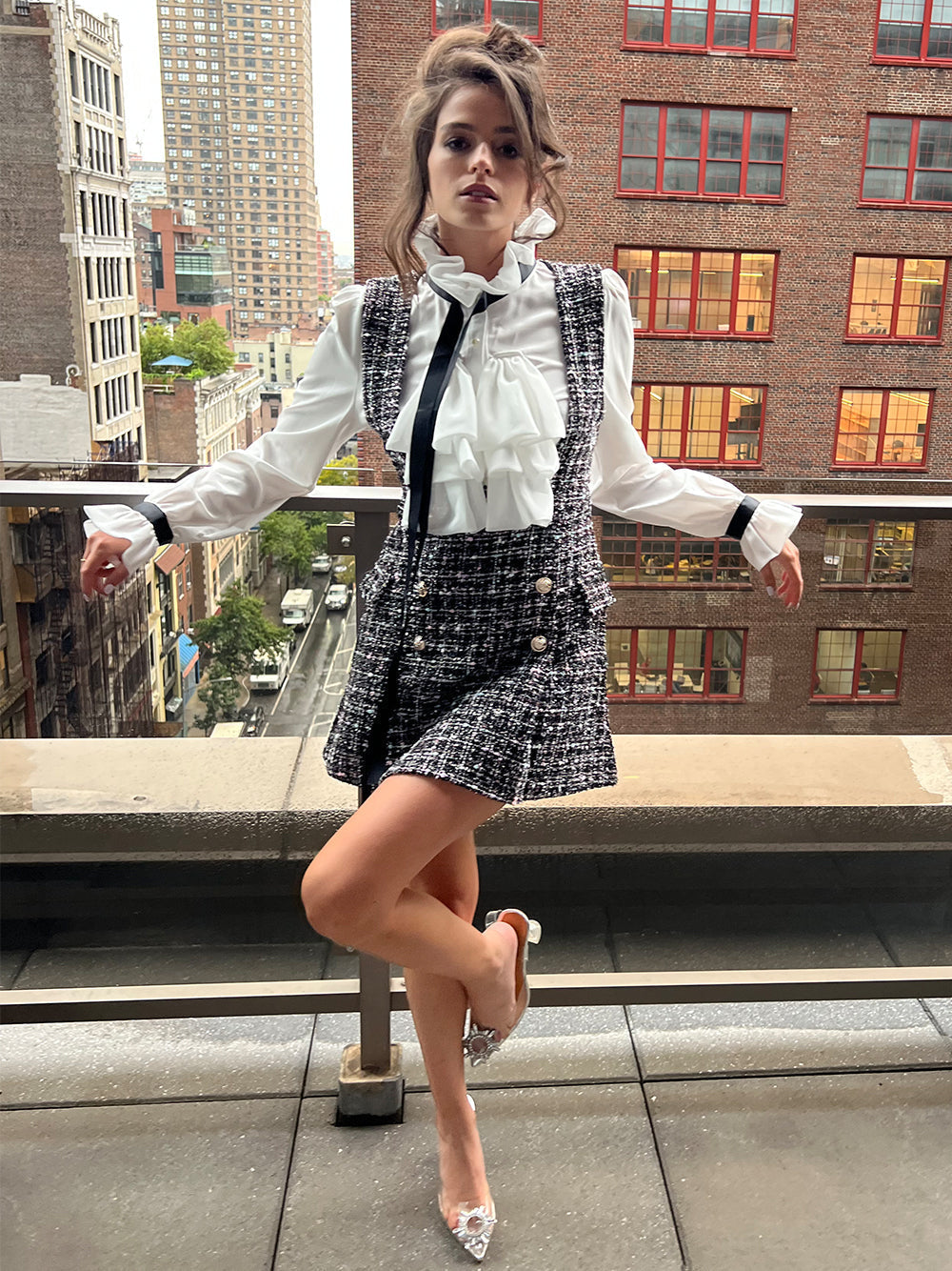 Ruffled Collar Ribbon Tie Blouse Tweed Pinafore Mini Dress Two Piece Set