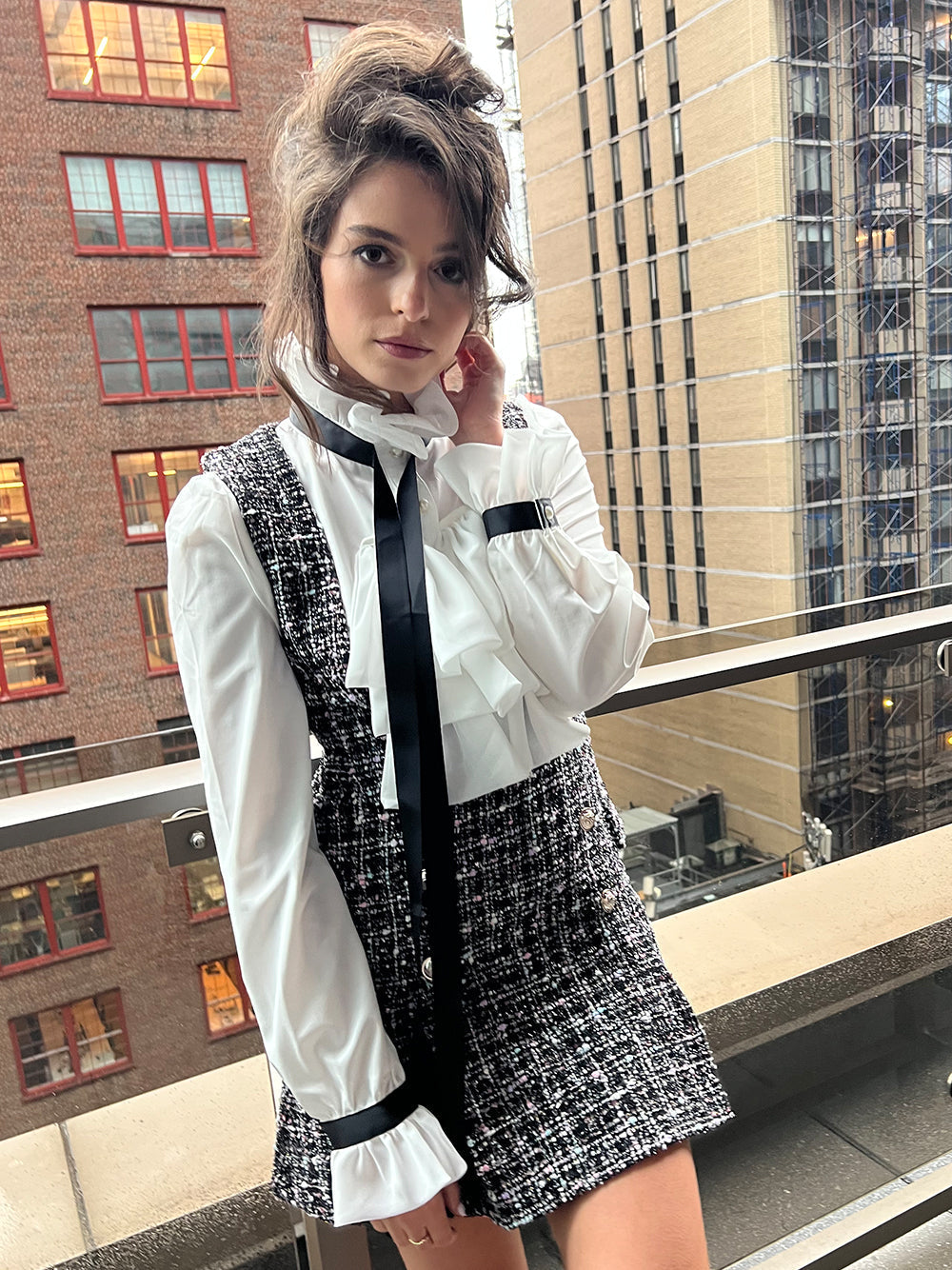 Ruffled Collar Ribbon Tie Blouse Tweed Pinafore Mini Dress Two Piece Set