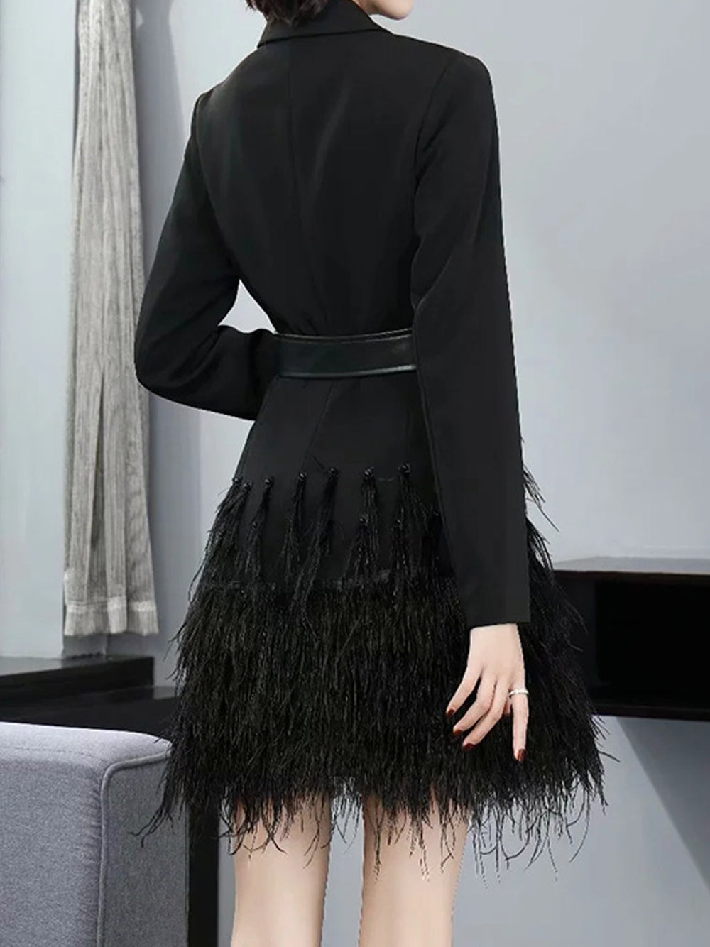 Satin Shawl Lapel Crystal Buckle Belt Long Sleeve Feather Skirt Blazer Mini Dress