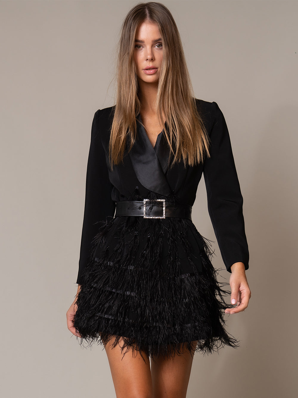 Satin Shawl Lapel Crystal Buckle Belt Long Sleeve Feather Skirt Blazer Mini Dress