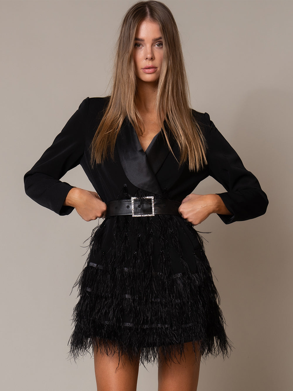 Satin Shawl Lapel Crystal Buckle Belt Long Sleeve Feather Skirt Blazer Mini Dress