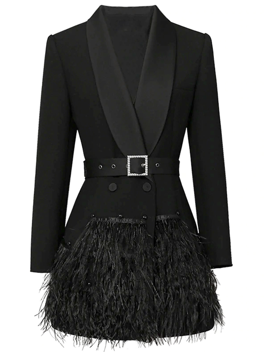 Satin Shawl Lapel Crystal Buckle Belt Long Sleeve Feather Skirt Blazer Mini Dress