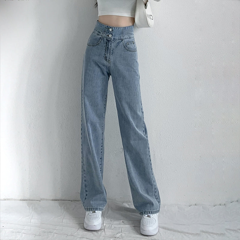 Double Button High Waist Wide Straight Leg Jeans 8