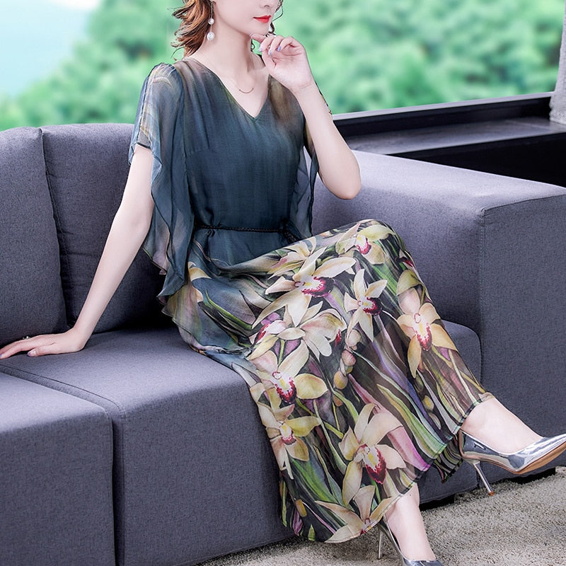 Vintage French V-neck Chiffon Silk Long Dress 2
