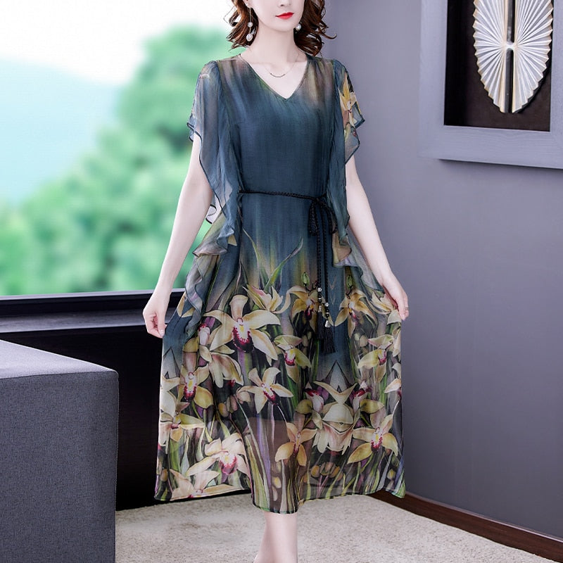 Vintage French V-neck Chiffon Silk Long Dress 3