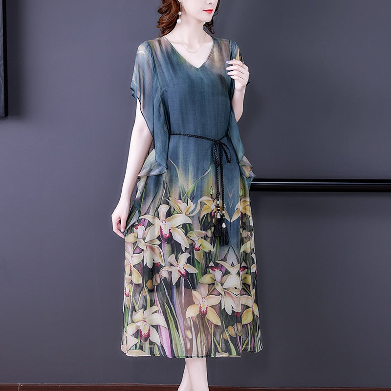 Vintage French V-neck Chiffon Silk Long Dress 5