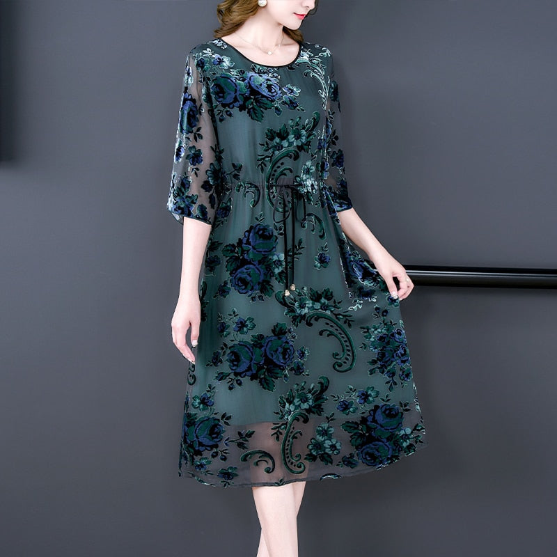 Velvet Burnout Floral Round Neck Drawstring Waist Three Quarter Sleeve Midi Dress