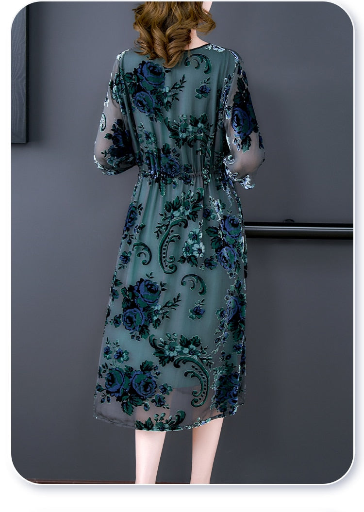 Velvet Burnout Floral Round Neck Drawstring Waist Three Quarter Sleeve Midi Dress