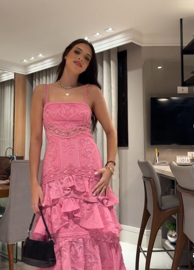 Pink Lace Layered A Line Prom Dress Formal Party Evening Dress cc1986