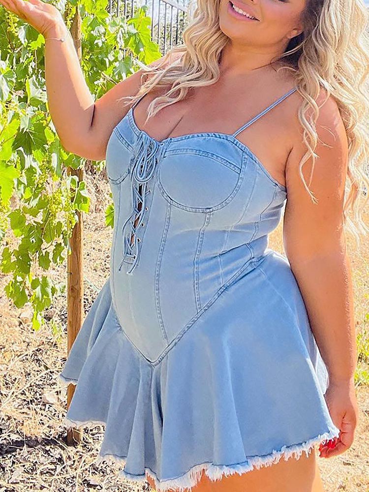 Denim-Look Lace Up Corset Spaghetti Strap Frayed Hem Mini Dress 3