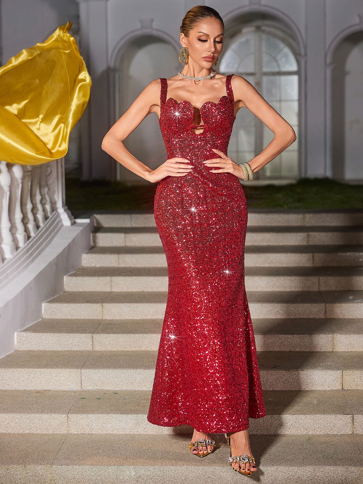 Sequin Scalloped Sweetheart Cut Out Mermaid Maxi Gown