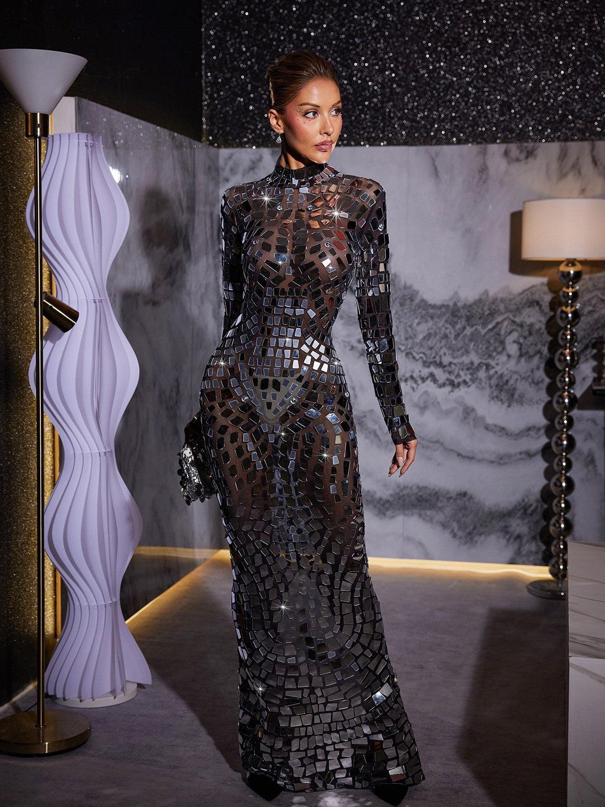 Mirror Tile Sheer Mesh Mock Neck Long Sleeve Maxi Dress