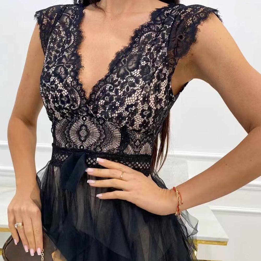 Lace Deep V-Neck Cap Sleeve Crochet Waist Bow Tiered Tulle Fit and Flare Mini Dress