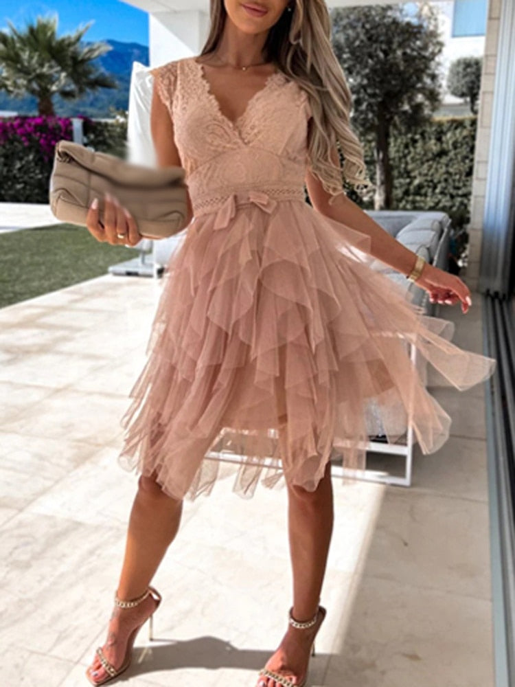 Lace V-Neck Cap Sleeve Bow Waist Tiered Tulle Ruffle Mini Dress