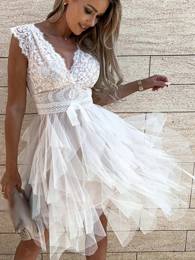 Lace Deep V-Neck Cap Sleeve Crochet Waist Bow Tiered Tulle Fit and Flare Mini Dress