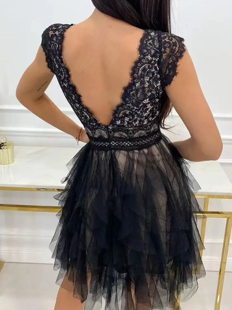 Lace Deep V-Neck Cap Sleeve Crochet Waist Bow Tiered Tulle Fit and Flare Mini Dress