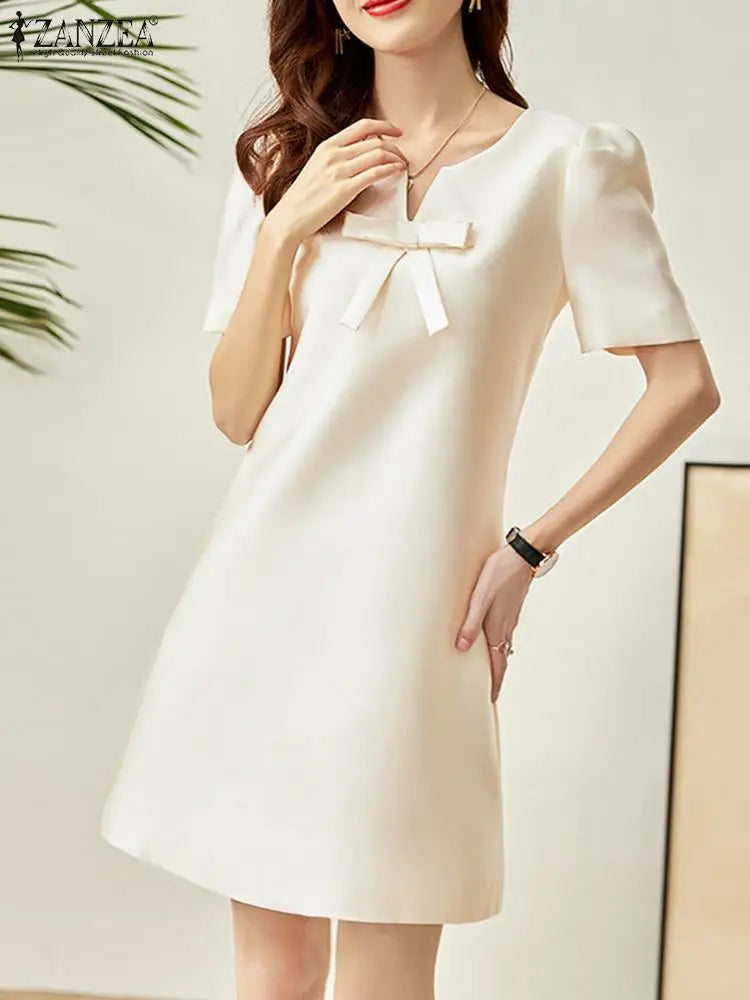 V-Neck Bow Detail Short Puff Sleeve Shift Mini Dress