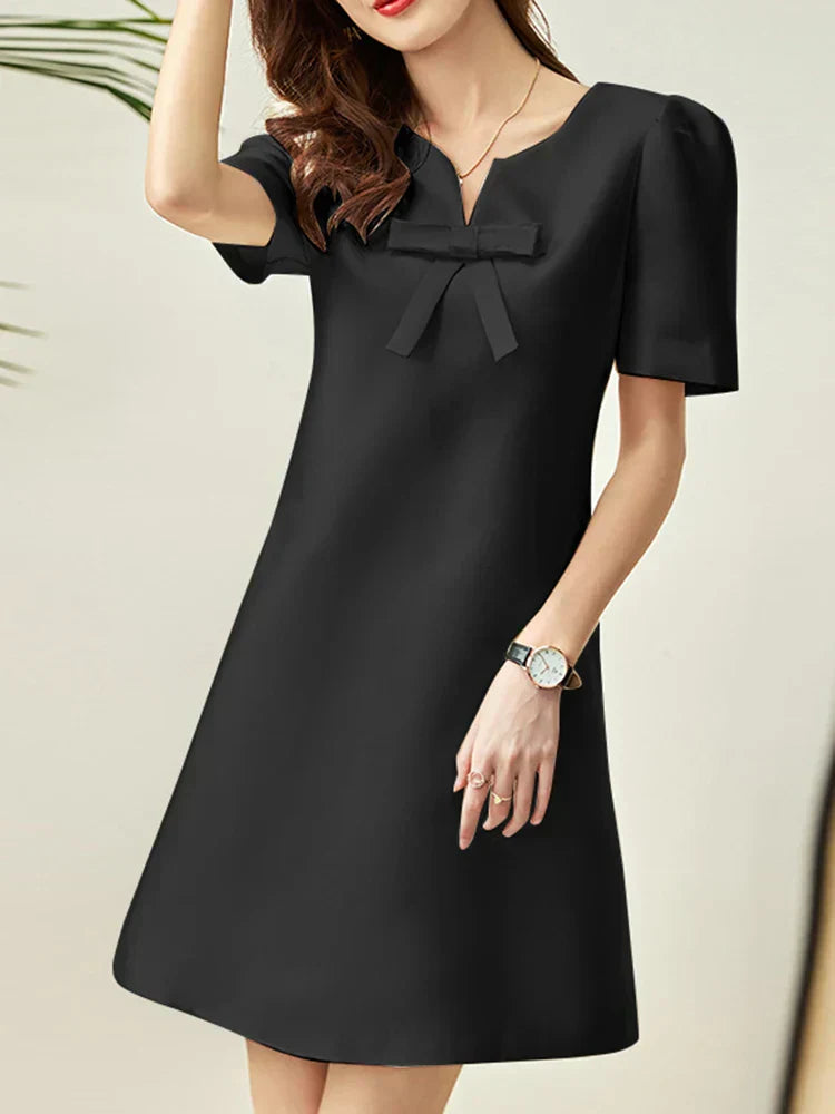 V-Neck Bow Detail Short Puff Sleeve Shift Mini Dress