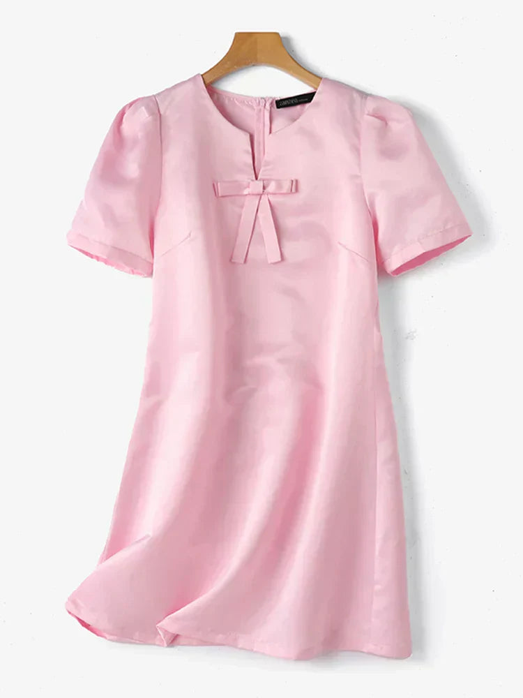 V-Neck Bow Detail Short Puff Sleeve Shift Mini Dress
