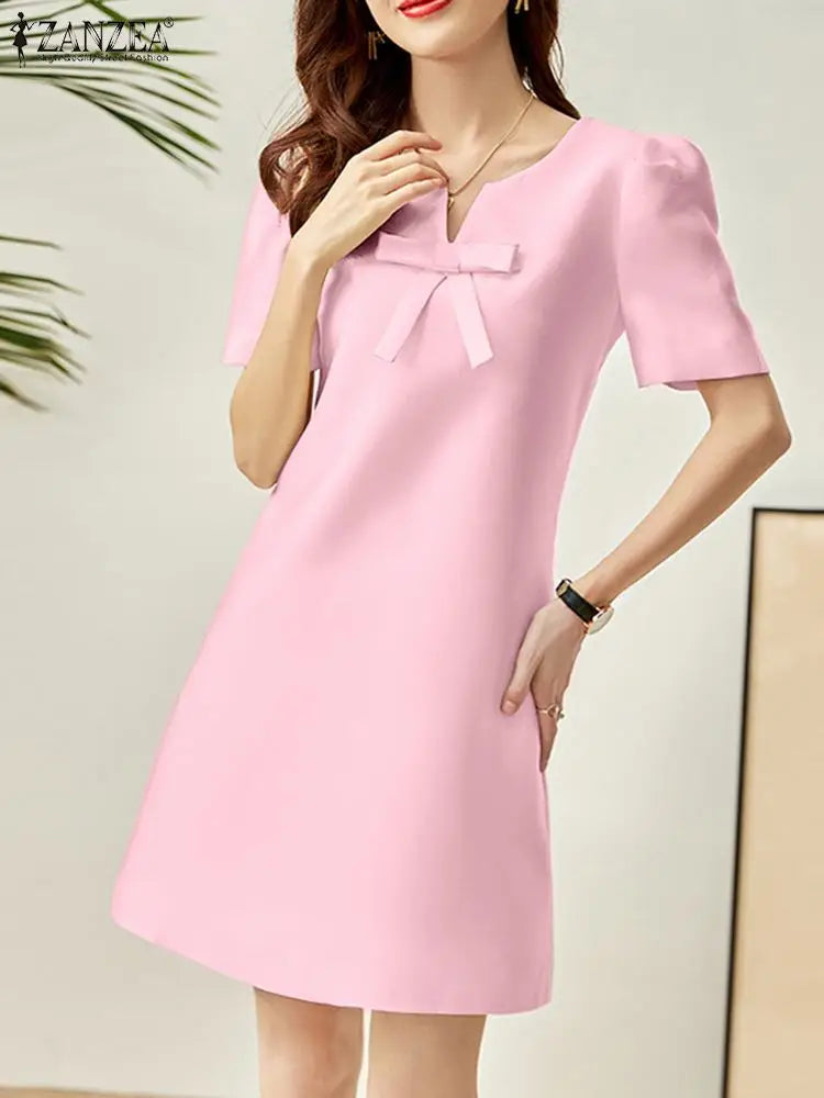 V-Neck Bow Detail Short Puff Sleeve Shift Mini Dress