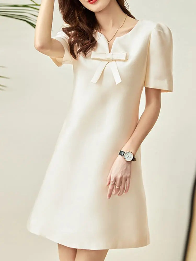 V-Neck Bow Detail Short Puff Sleeve Shift Mini Dress