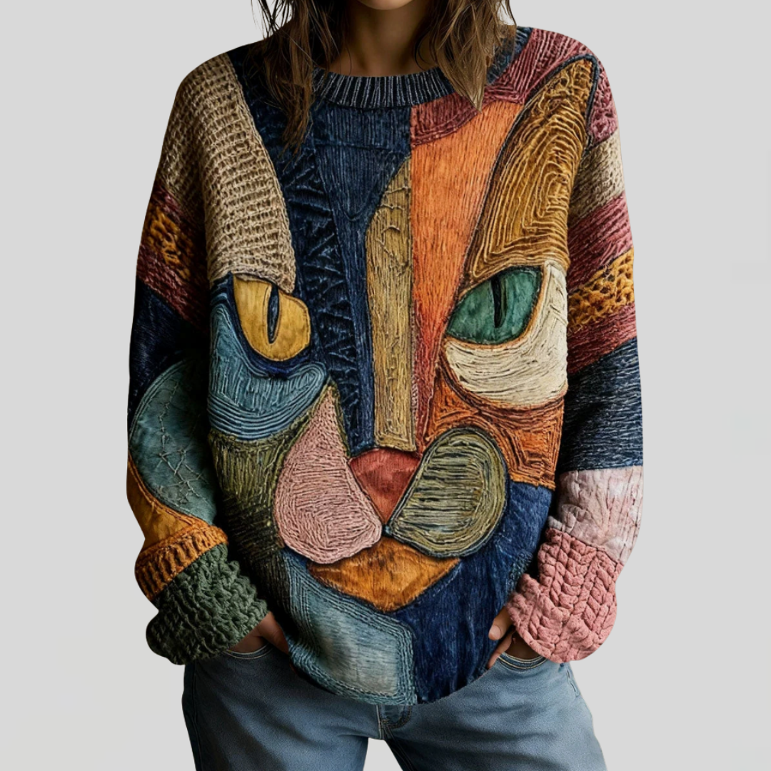 Abstract Cat Face Crew Neck Sweater