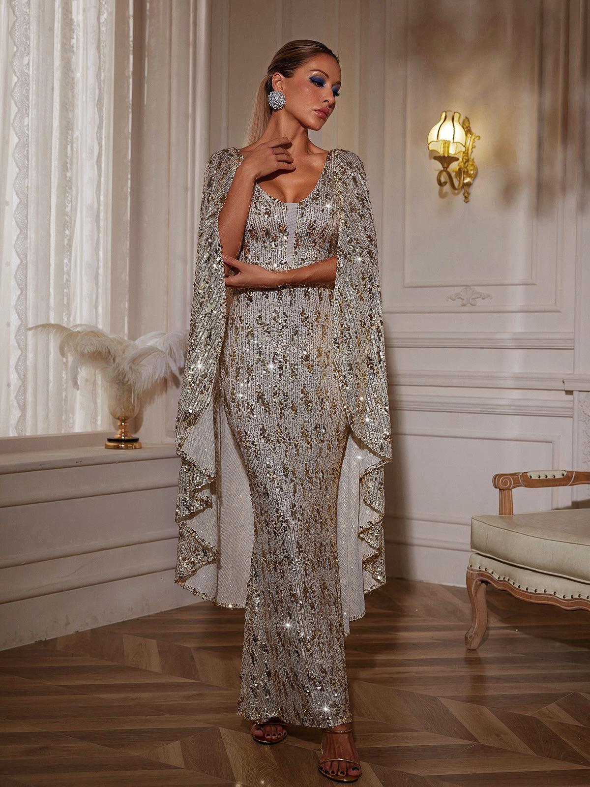 Draped Sleeve Sequin Maxi Dress - View 5