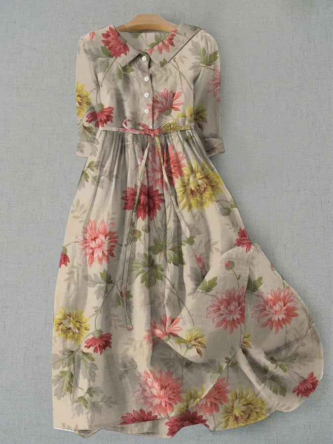 Floral Print Collared Button Front Half Sleeve Belted Midi Dress