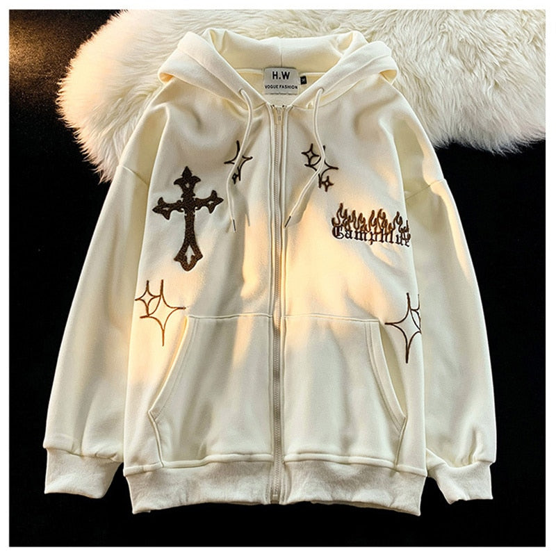 Cross and Flame Embroidered Patch Zip Up Drawstring Hoodie 4