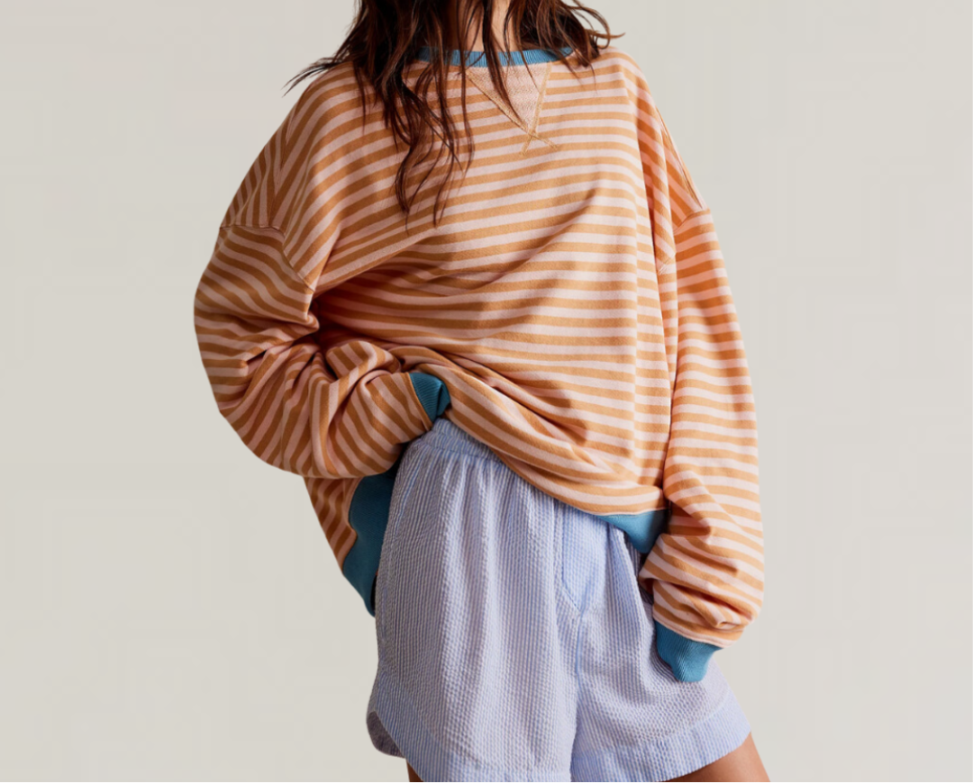 Striped Boat Neck Long Sleeve Oversized Sweatshirt