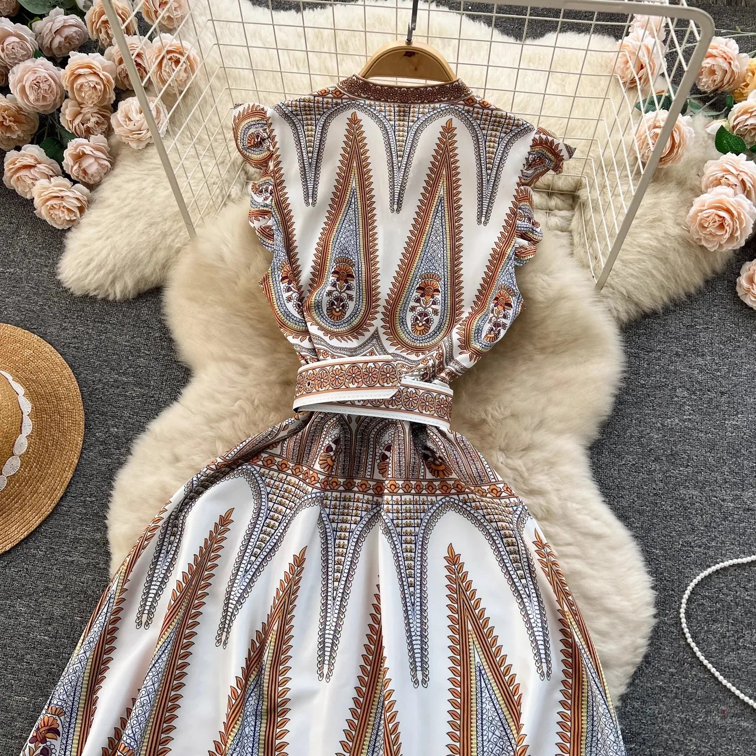 Bohemian Print Deep V-Neck Flutter Shoulder Button Front Belted Maxi Dress