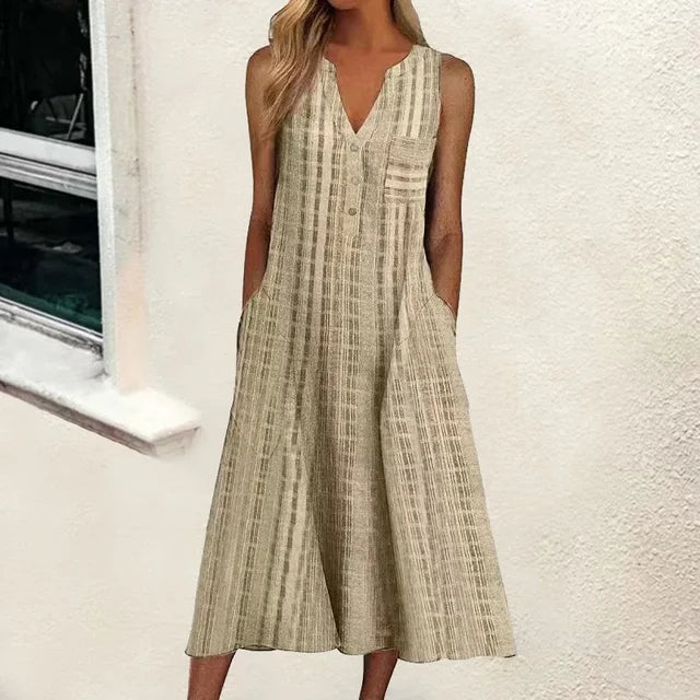 Vertical Stripe Print Sleeveless V-Neck Button Front Pocket A-Line Midi Dress
