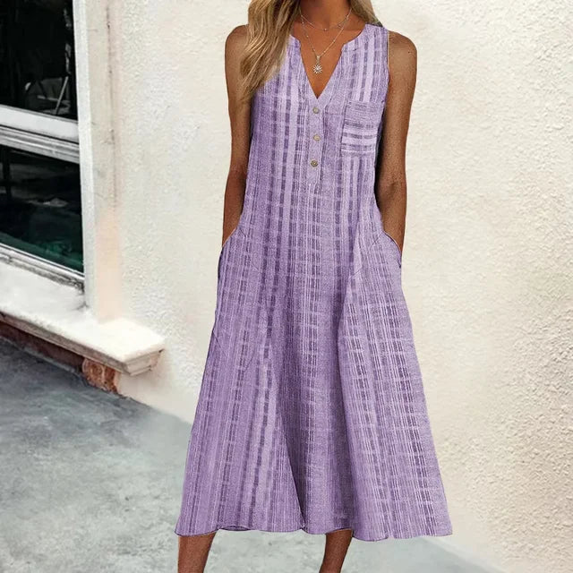 Vertical Stripe Print Sleeveless V-Neck Button Front Pocket A-Line Midi Dress