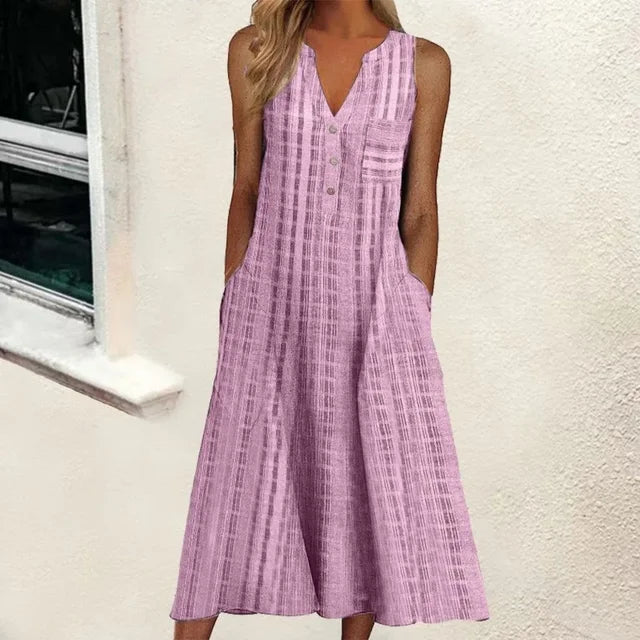 Vertical Stripe Print Sleeveless V-Neck Button Front Pocket A-Line Midi Dress