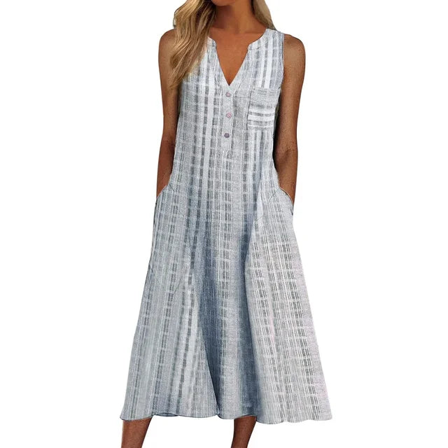 Vertical Stripe Print Sleeveless V-Neck Button Front Pocket A-Line Midi Dress