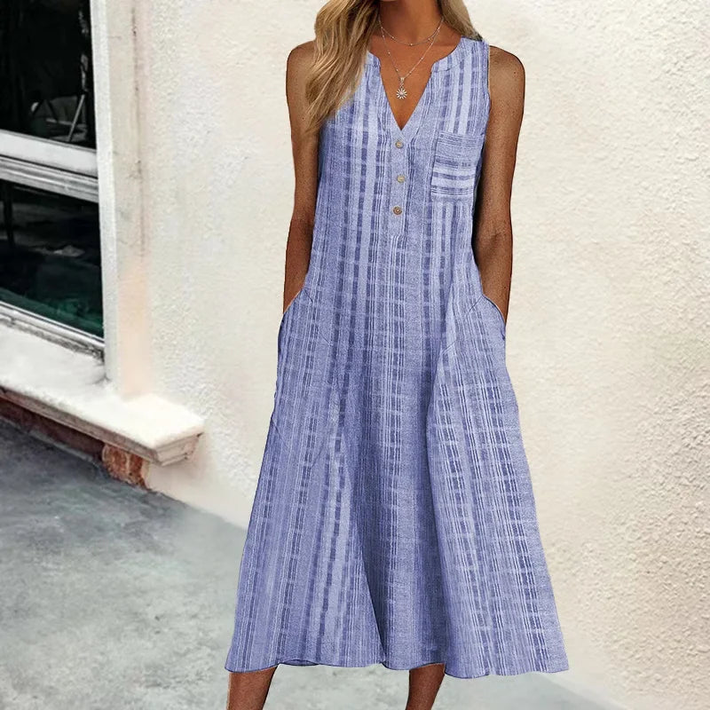 Vertical Stripe Print Sleeveless V-Neck Button Front Pocket A-Line Midi Dress