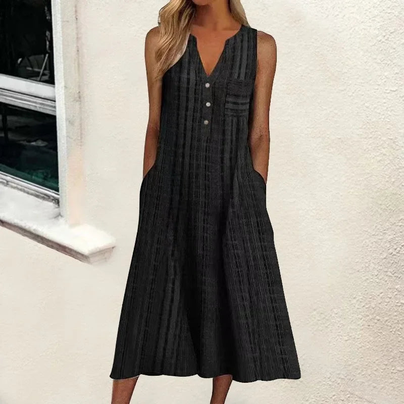 Vertical Stripe Print Sleeveless V-Neck Button Front Pocket A-Line Midi Dress