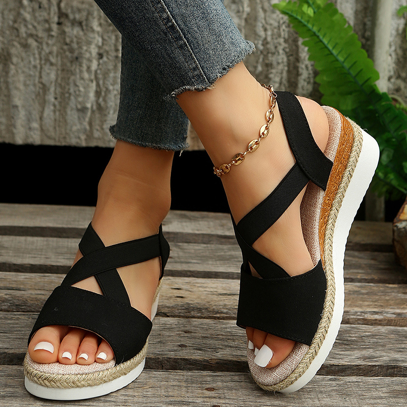 Open Toe Cross Strap Espadrille Wedge Sandals