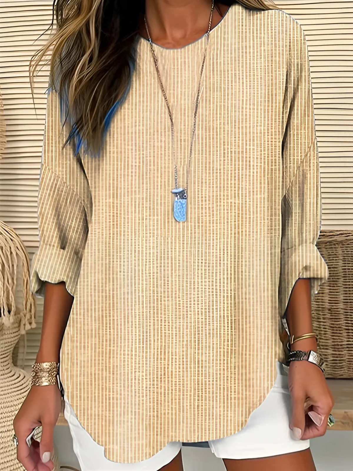 Striped Round Neck Roll Tab Sleeve Blouse