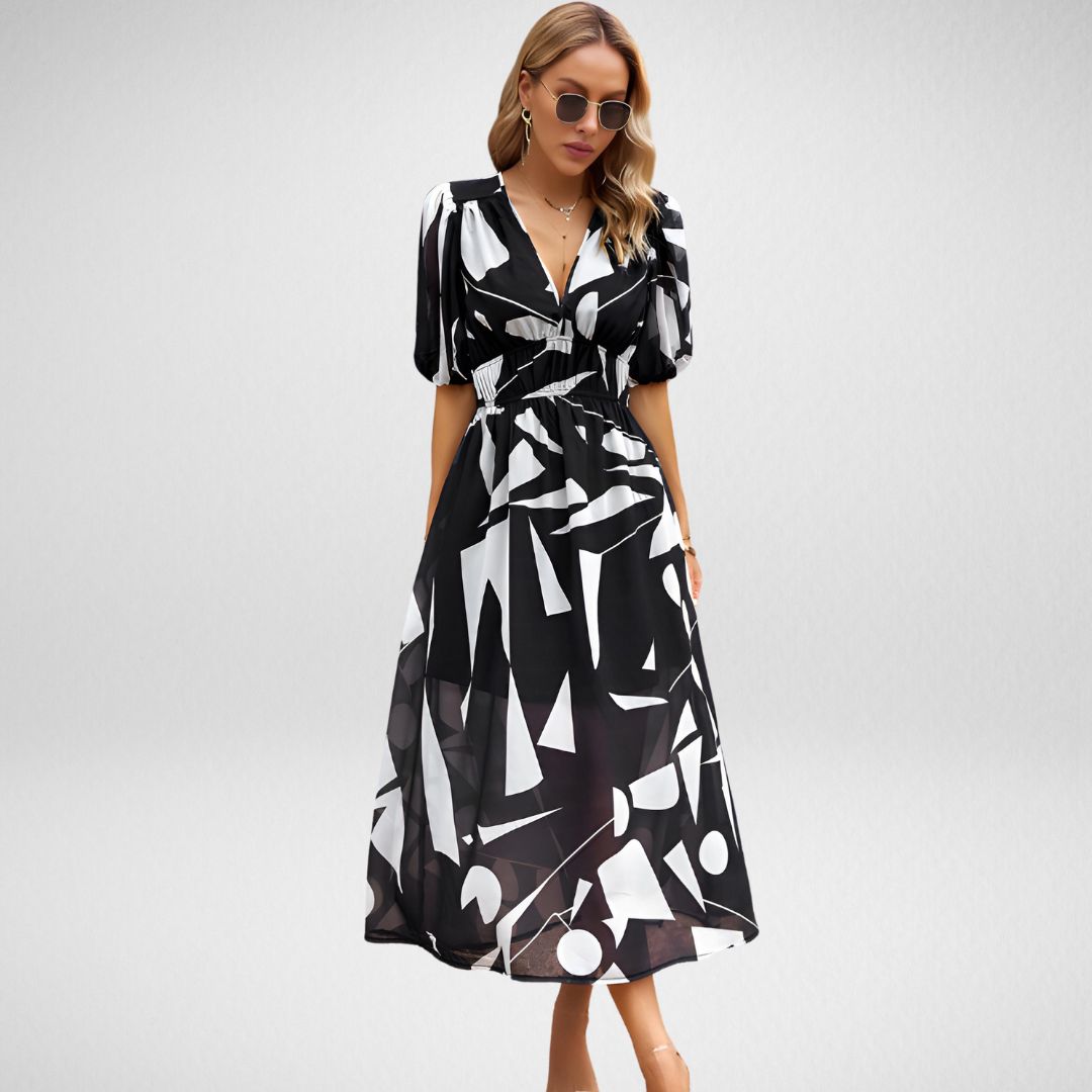 Puff Sleeve Deep V-Neck Smocked Waist A-Line Midi Dress